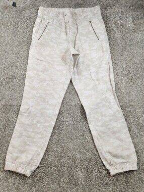 Athleta Cabo Tide Linen Jogger Womens 10 Beige Camo Zip Pockets FLAW